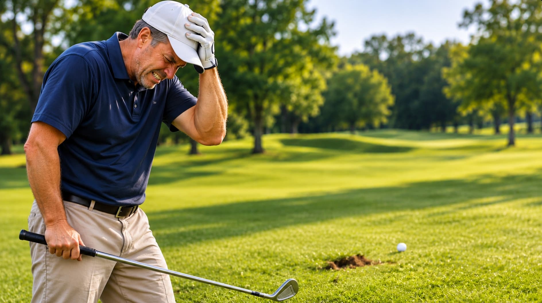A frustrated golfer holding his head after a poor shot, iron in hand and a fresh divot behind the ball.