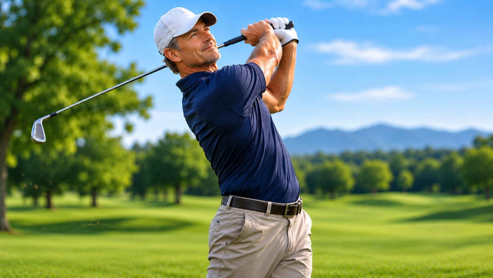 A relaxed, confident golfer finishing a smooth, free swing on a sunny course.