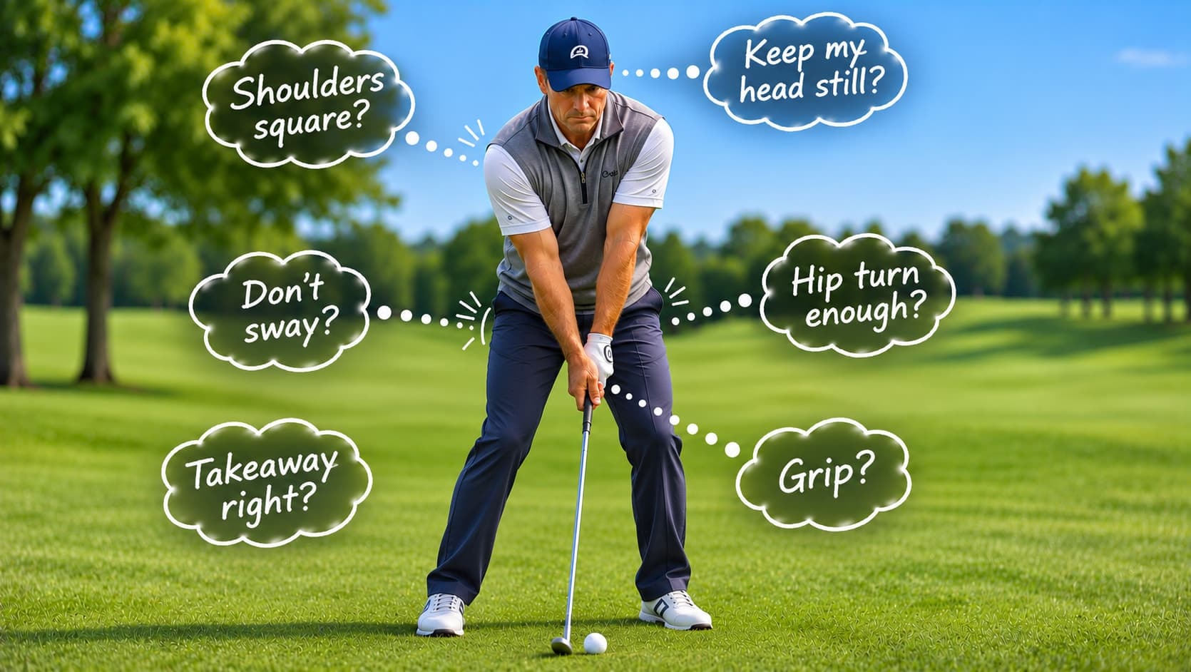 A golfer at address surrounded by competing swing thoughts: shoulders square, keep my head still, don't sway, hip turn enough, takeaway right, grip.