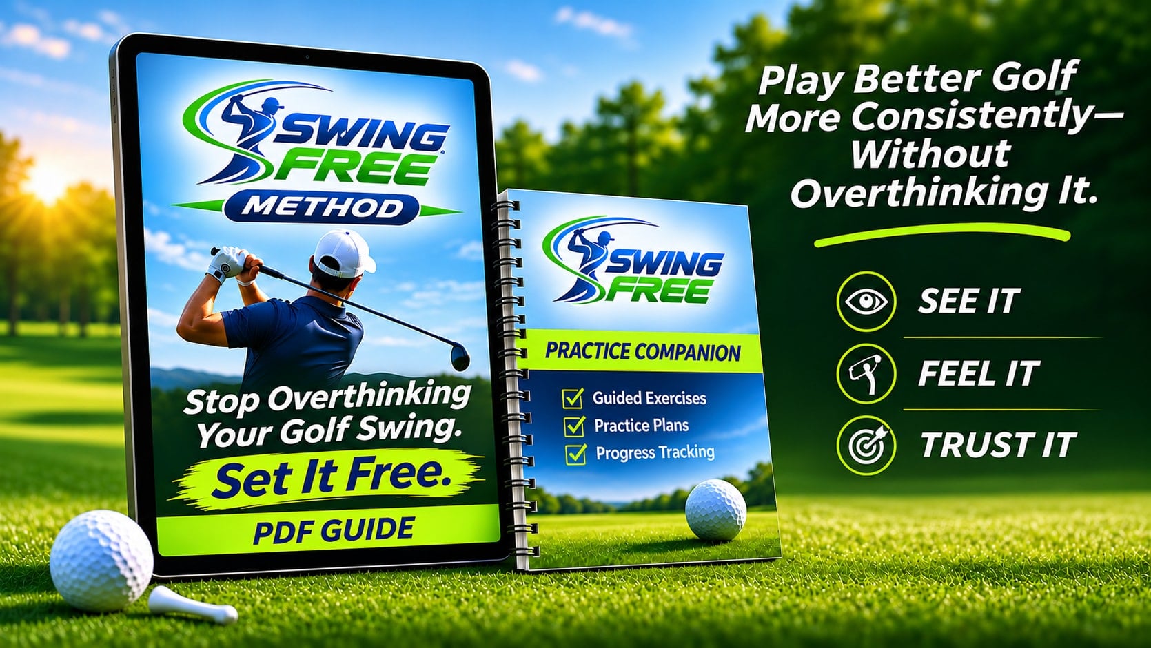 The Swing Free Method PDF guide on a tablet beside the Swing Free Practice Companion on a golf course, with the words: Play better golf more consistently, without overthinking it. See it, feel it, trust it.