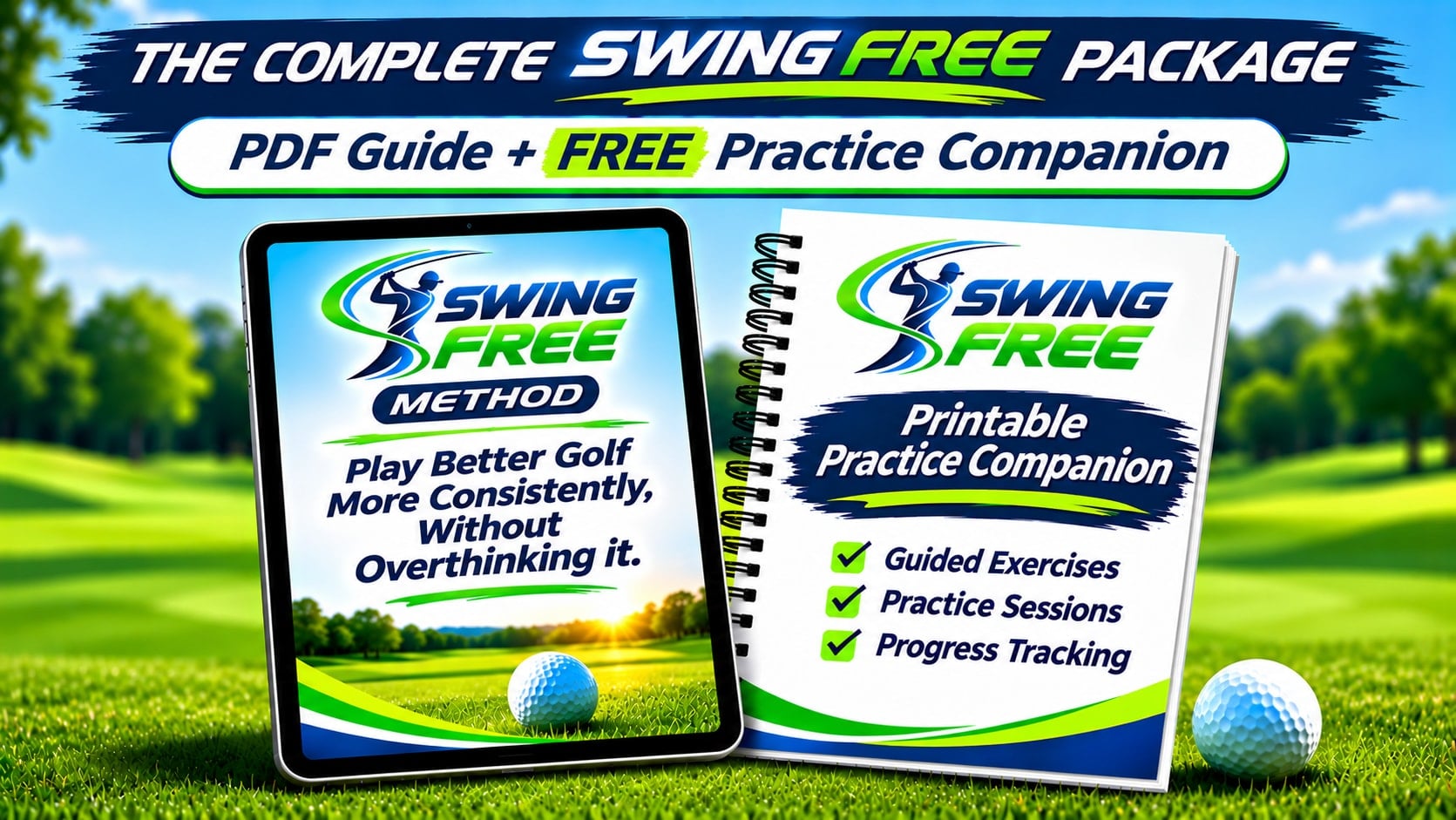 The complete Swing Free package: the Swing Free Method PDF guide plus the free printable Practice Companion with guided exercises, practice sessions, and progress tracking.